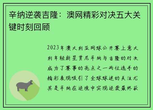 辛纳逆袭吉隆：澳网精彩对决五大关键时刻回顾