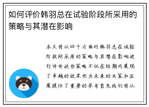 如何评价韩羽总在试验阶段所采用的策略与其潜在影响